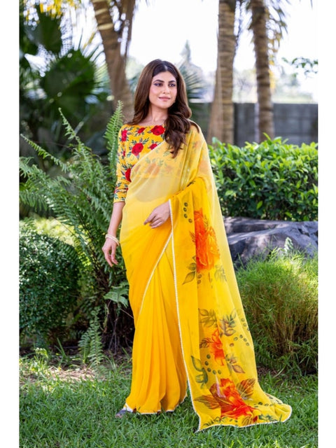 Women's Georgette  Printed Saree With Unstitched Blouse 5.5Mtr (Yellow)