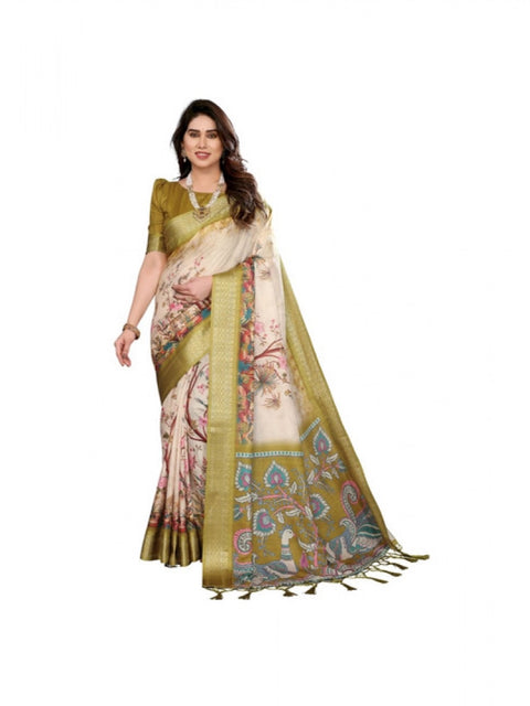 Women's Cotton Silk  Printed Saree With Unstitched Blouse 5.5Mtr (Olive Green)