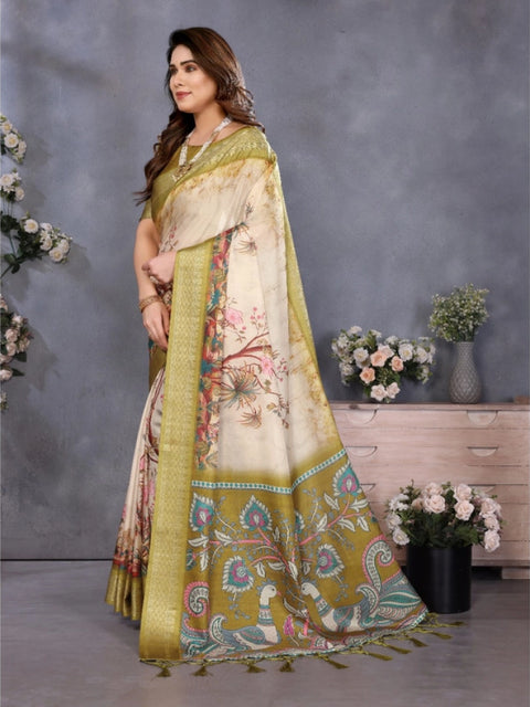 Women's Cotton Silk  Printed Saree With Unstitched Blouse 5.5Mtr (Olive Green)
