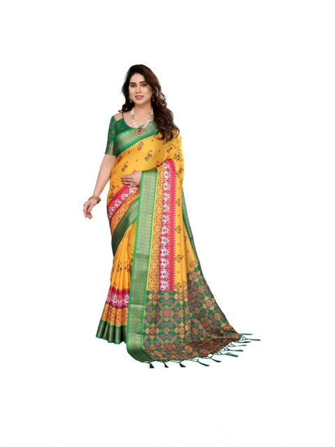 Women's Cotton Silk  Printed Saree With Unstitched Blouse 5.5Mtr (Yellow)