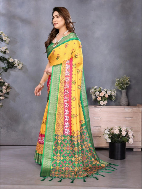 Women's Cotton Silk  Printed Saree With Unstitched Blouse 5.5Mtr (Yellow)