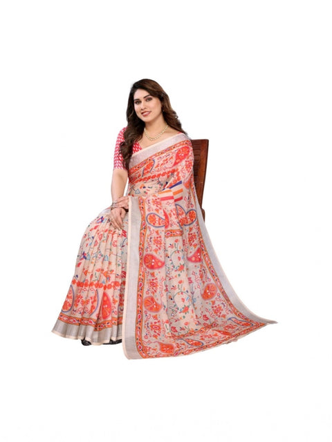 Women's Linen Cotton  Printed Saree With Unstitched Blouse 5.5Mtr (Orange )