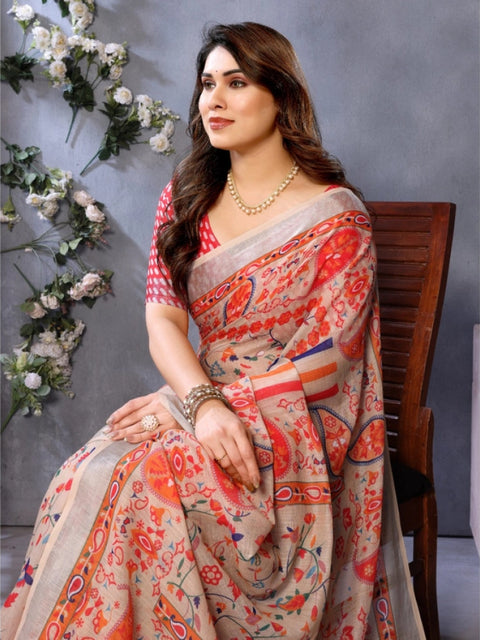 Women's Linen Cotton  Printed Saree With Unstitched Blouse 5.5Mtr (Orange )