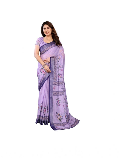 Women's Linen Cotton  Printed Saree With Unstitched Blouse 5.5Mtr (Purple)