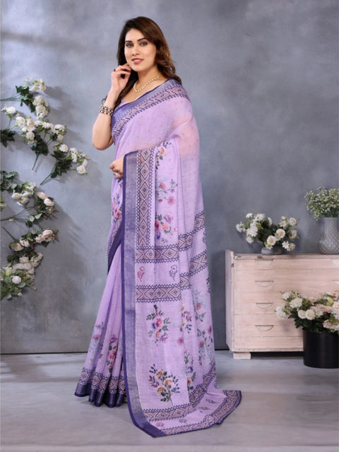 Women's Linen Cotton  Printed Saree With Unstitched Blouse 5.5Mtr (Purple)