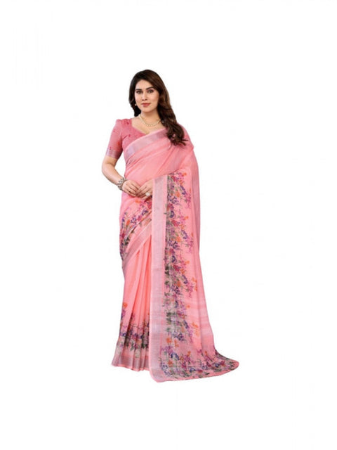 Women's Linen Cotton  Printed Saree With Unstitched Blouse 5.5Mtr (Peach)