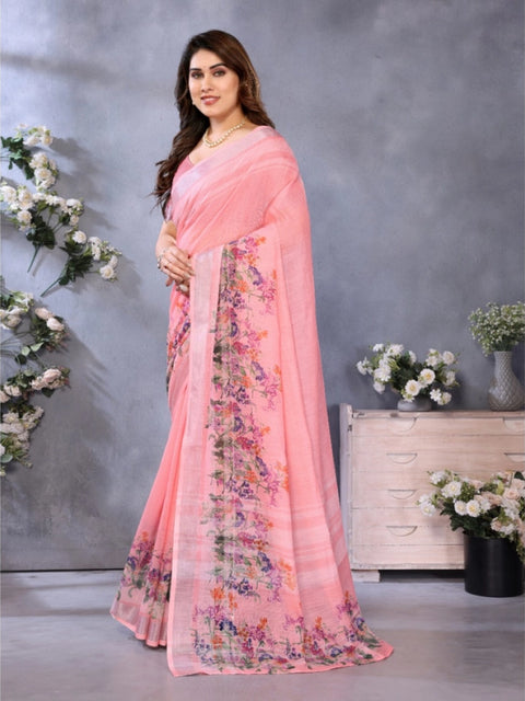 Women's Linen Cotton  Printed Saree With Unstitched Blouse 5.5Mtr (Peach)