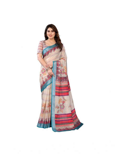 Women's Linen Cotton  Printed Saree With Unstitched Blouse 5.5Mtr (Cream)