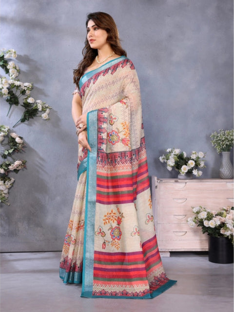 Women's Linen Cotton  Printed Saree With Unstitched Blouse 5.5Mtr (Cream)