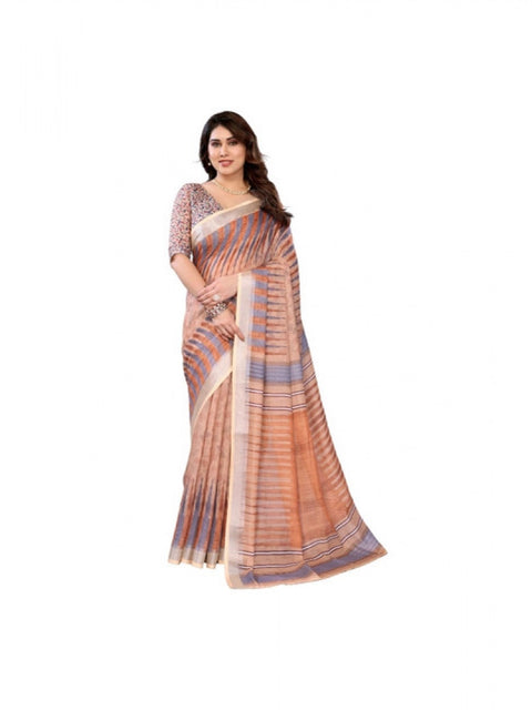 Women's Linen Cotton  Printed Saree With Unstitched Blouse 5.5Mtr (Brown)
