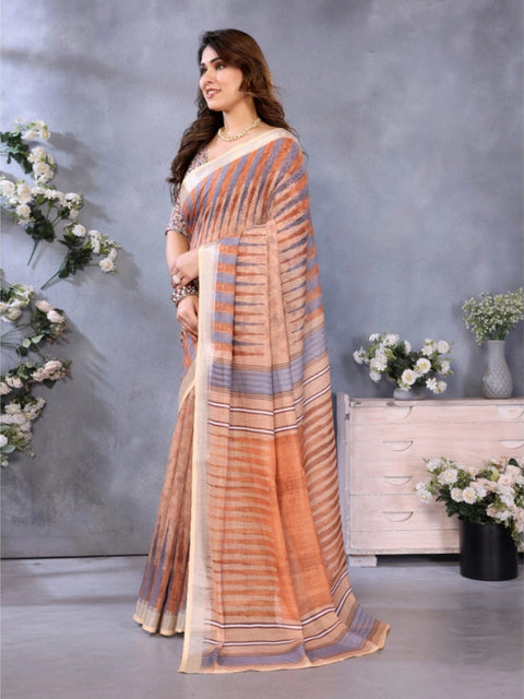 Women's Linen Cotton  Printed Saree With Unstitched Blouse 5.5Mtr (Brown)
