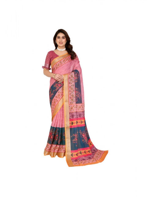 Women's Linen Cotton  Printed Saree With Unstitched Blouse 5.5Mtr (Pink)