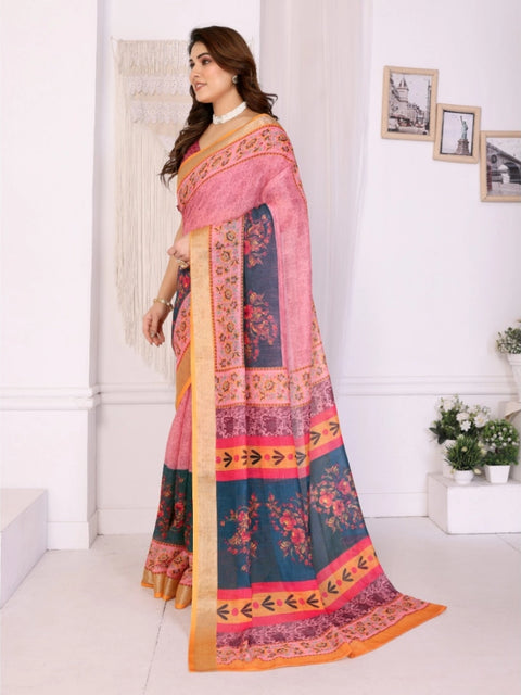 Women's Linen Cotton  Printed Saree With Unstitched Blouse 5.5Mtr (Pink)
