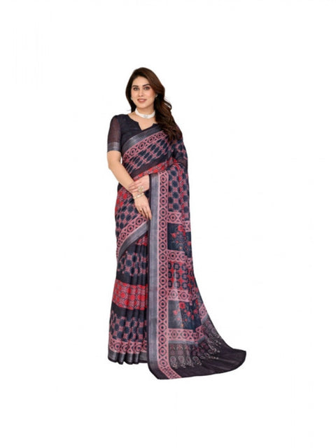 Women's Linen Cotton  Printed Saree With Unstitched Blouse 5.5Mtr (Black)