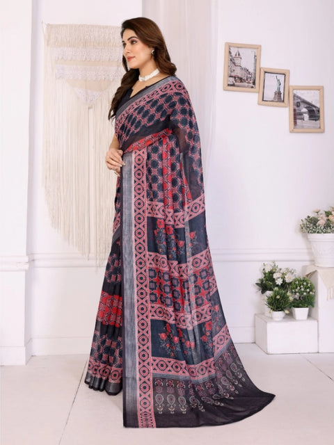 Women's Linen Cotton  Printed Saree With Unstitched Blouse 5.5Mtr (Black)
