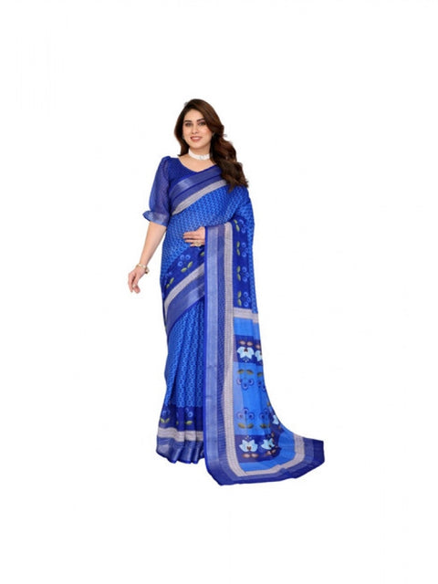 Women's Linen Cotton  Printed Saree With Unstitched Blouse 5.5Mtr (Blue)
