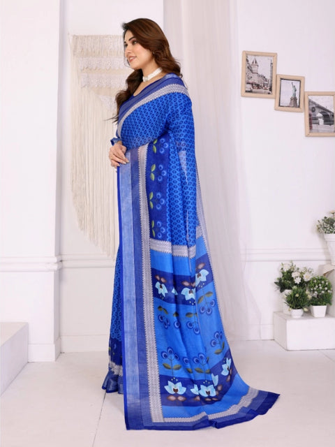Women's Linen Cotton  Printed Saree With Unstitched Blouse 5.5Mtr (Blue)