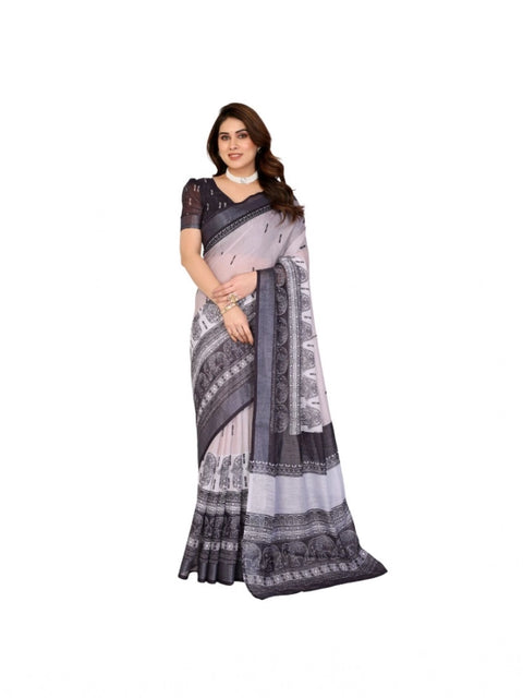 Women's Linen Cotton  Printed Saree With Unstitched Blouse 5.5Mtr (White & Black)