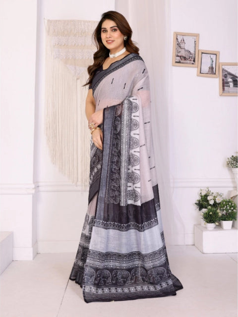 Women's Linen Cotton  Printed Saree With Unstitched Blouse 5.5Mtr (White & Black)