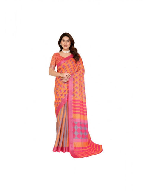 Women's Linen Cotton  Printed Saree With Unstitched Blouse 5.5Mtr (Orange )