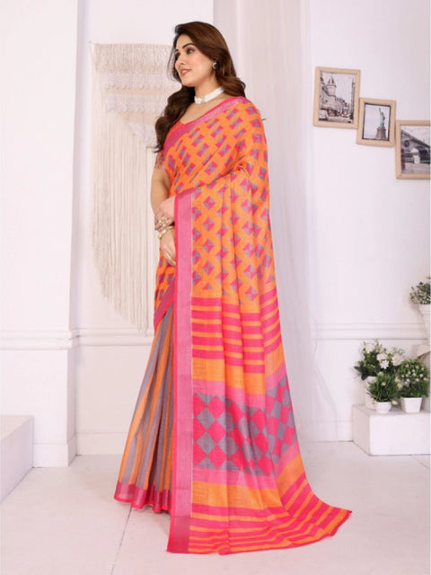Women's Linen Cotton  Printed Saree With Unstitched Blouse 5.5Mtr (Orange )