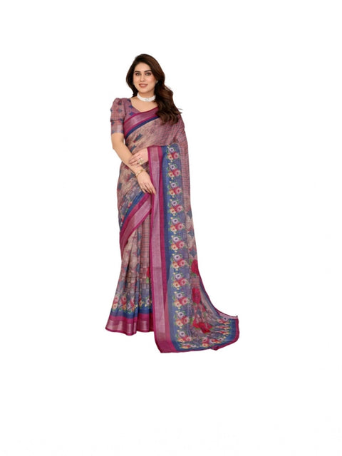 Women's Linen Cotton  Printed Saree With Unstitched Blouse 5.5Mtr (Wine )