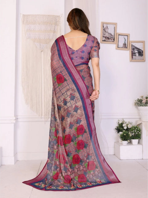 Women's Linen Cotton  Printed Saree With Unstitched Blouse 5.5Mtr (Wine )