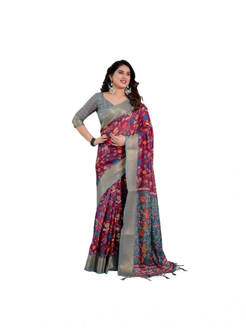 Women's Linen  Printed Saree With Unstitched Blouse 5.5Mtr (Purple)