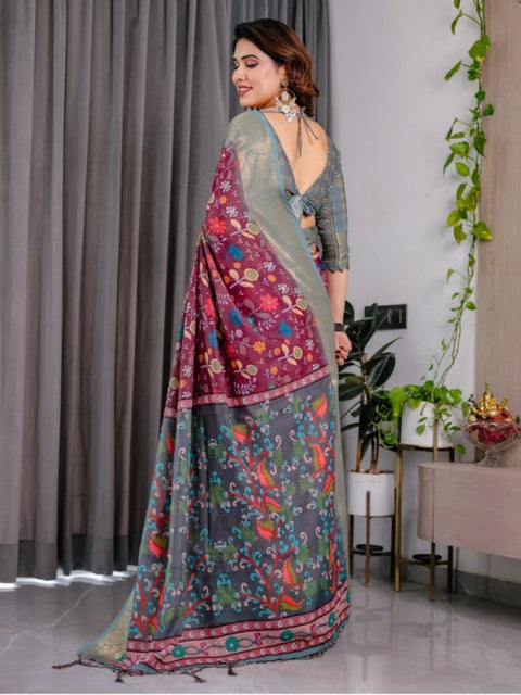 Women's Linen  Printed Saree With Unstitched Blouse 5.5Mtr (Purple)