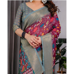 Generic Women's Linen  Printed Saree With Unstitched Blouse 5.5Mtr (Purple)