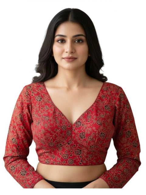 Generic Women's Ajrakh Cotton Printed V-Neck Padded Blouse (Red 38 Ready (Self Alterable 36–40)