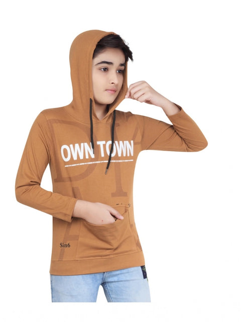 Generic Boy's Cotton Printeded Hooded Neck Hoodies (Brown)