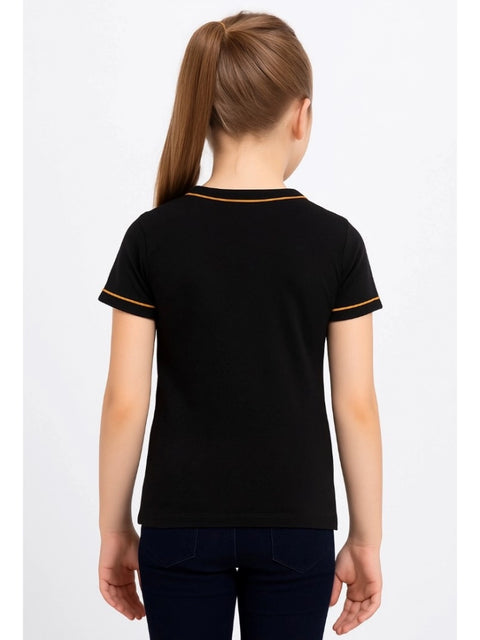 Generic Girl's Cotton Printeded Round Neck T-Shirt (Black)