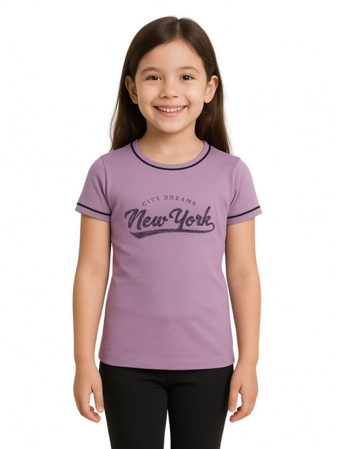 Generic Girl's Cotton Printeded Round Neck T-Shirt (Lavander)