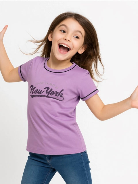 Generic Girl's Cotton Printeded Round Neck T-Shirt (Lavander)