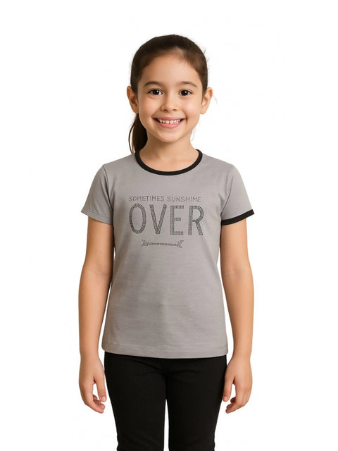 Generic Girl's Cotton Printeded Round Neck T-Shirt (Grey)