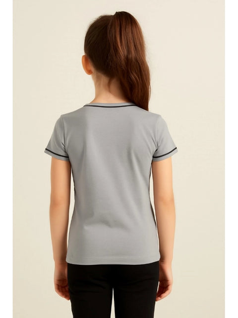 Generic Girl's Cotton Printeded Round Neck T-Shirt (Grey)