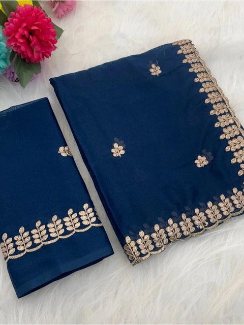 Women's Georgette Embroidered Saree With Unstitched Blouse 5.5Mtr (Blue)