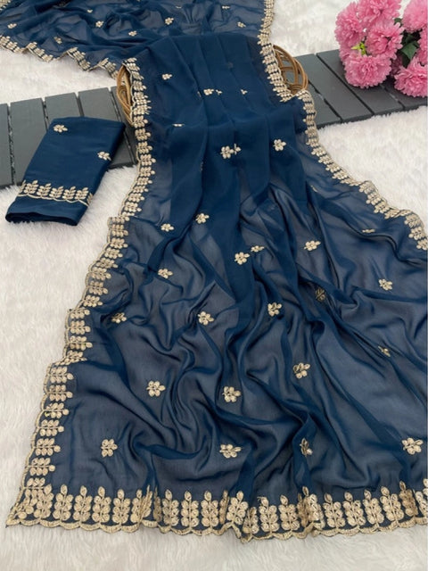Women's Georgette Embroidered Saree With Unstitched Blouse 5.5Mtr (Blue)