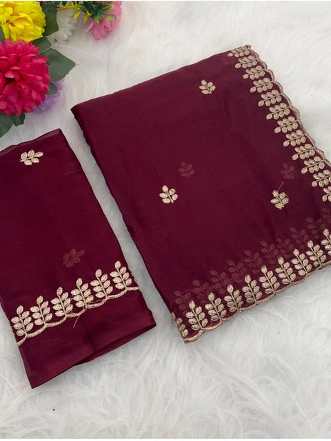 Women's Georgette Embroidered Saree With Unstitched Blouse 5.5Mtr (Red)