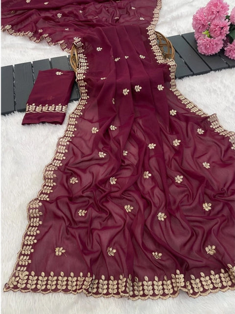 Women's Georgette Embroidered Saree With Unstitched Blouse 5.5Mtr (Red)