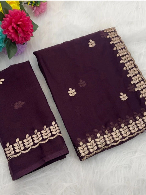Women's Georgette Embroidered Saree With Unstitched Blouse 5.5Mtr (Wine)