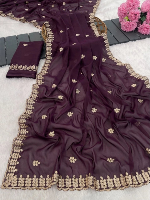 Women's Georgette Embroidered Saree With Unstitched Blouse 5.5Mtr (Wine)
