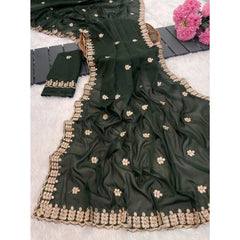 Generic Women's Georgette Embroidered Saree With Unstitched Blouse 5.5Mtr (Green)