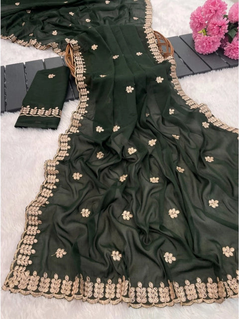 Women's Georgette Embroidered Saree With Unstitched Blouse 5.5Mtr (Green)
