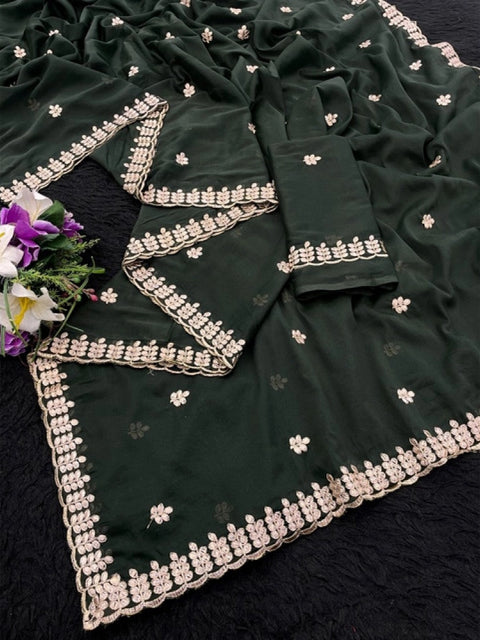 Women's Georgette Embroidered Saree With Unstitched Blouse 5.5Mtr (Green)