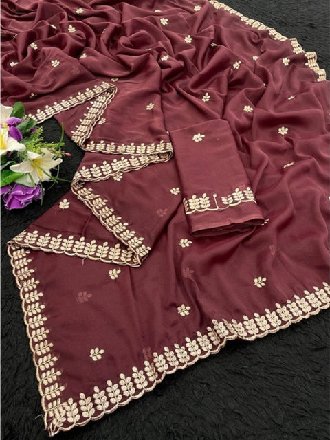Women's Georgette Embroidered Saree With Unstitched Blouse 5.5Mtr (Maroon)