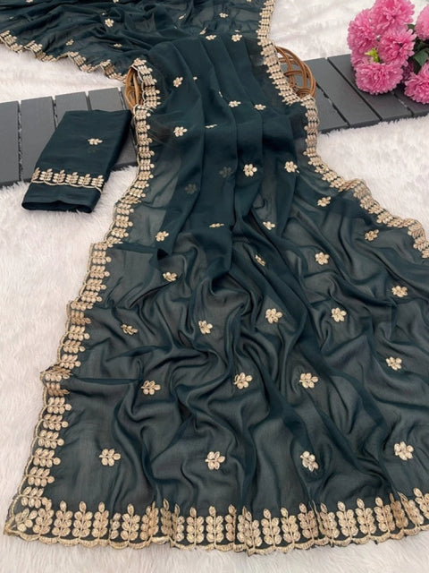Women's Georgette Embroidered Saree With Unstitched Blouse 5.5Mtr (Teal)