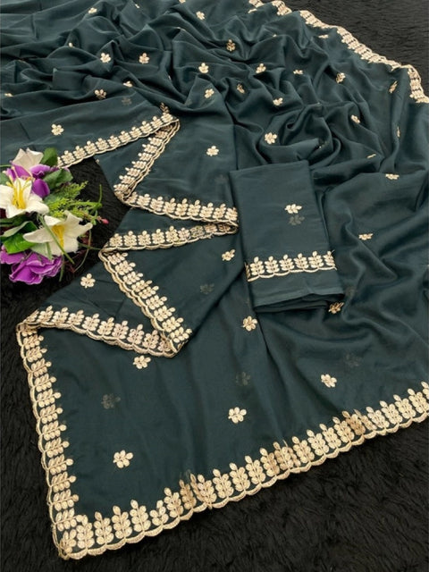 Women's Georgette Embroidered Saree With Unstitched Blouse 5.5Mtr (Teal)