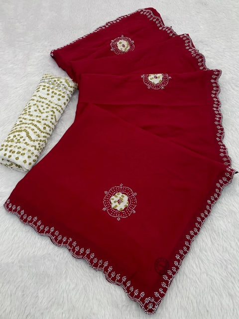 Women's Chiffon Butti Dotted Saree With Unstitched Blouse 5.5Mtr (Red)